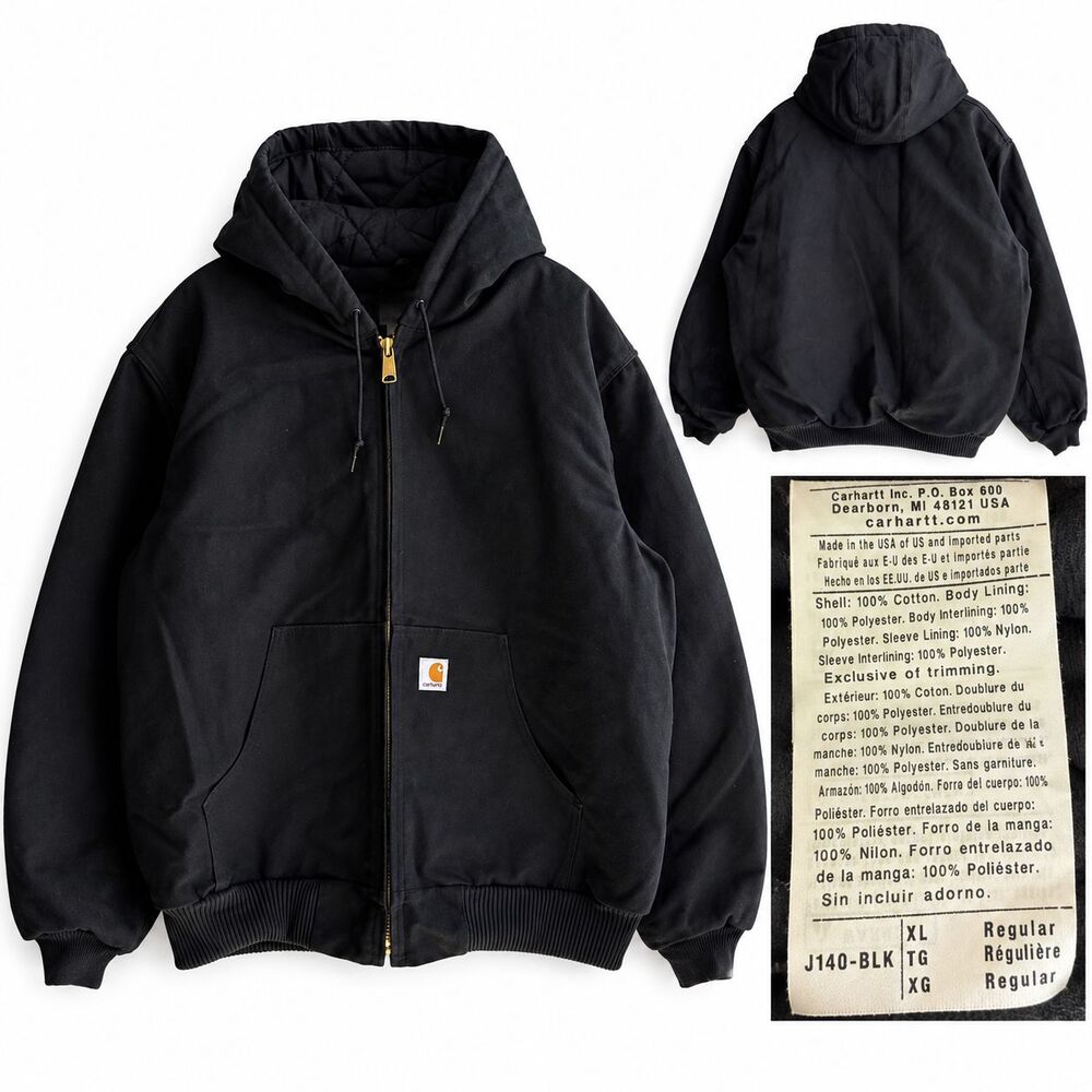 Carhartt J140 BLK Men's XL Black Duck Canvas Quilted Lined Hooded Active Jacket